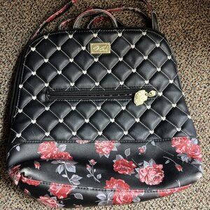 Betsey Johnson Backpack Quilted Black Red Floral Multicolor w Straps